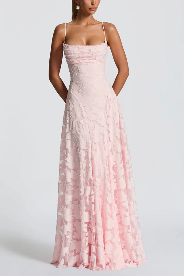 Francis Floral Burnout Jersey Fabric Cowl Neck Back Lace-up Maxi Dress