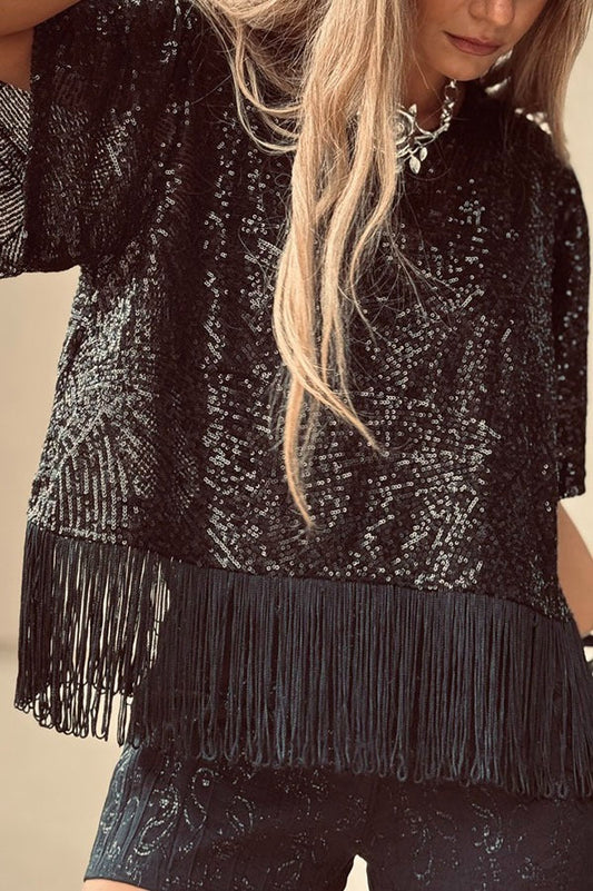 Full of Surprises Sequin Short Sleeve Tassle Trim Loose Top