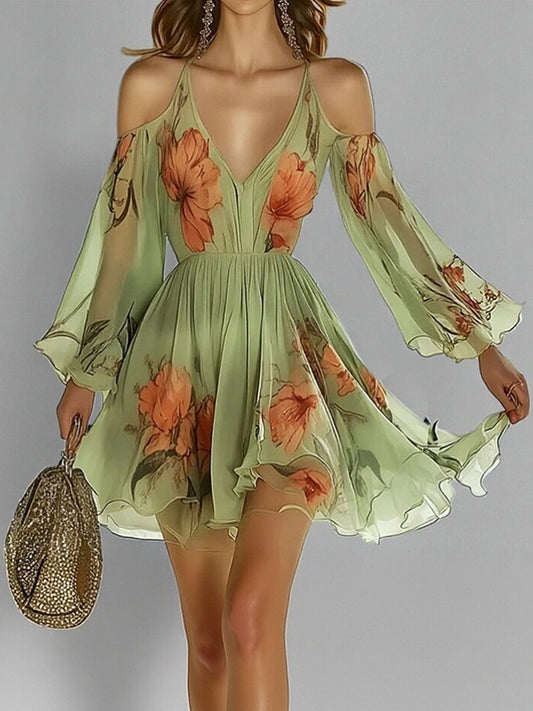 Casual Cold Shoulder V Neck Flutter Sleeve Floral Mini Dress