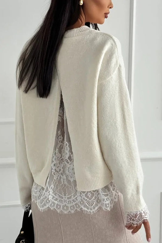 Suéter holgado de manga larga con abertura en la espalda y ribete de encaje de punto de Caitlin 