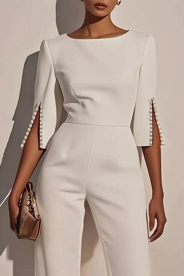 Solid Color Round Neck Beaded Decoration Slim Fit Casual Jumpsuit
