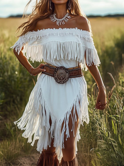 sheenchic Off The Shoulder Fringe Irregular Hem Midi Dress