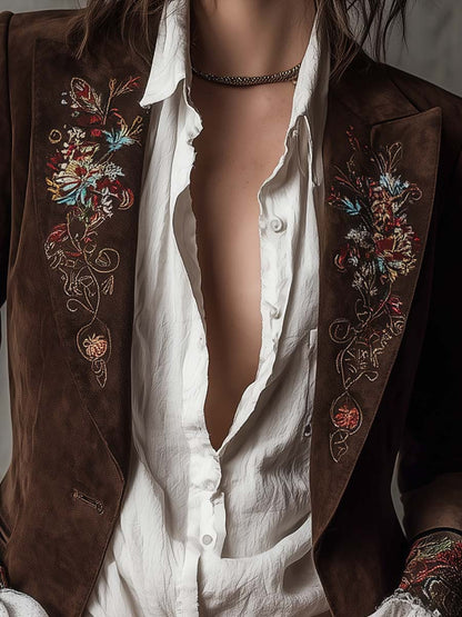 Vintage Brown Suede Blazer With Embroidered Details