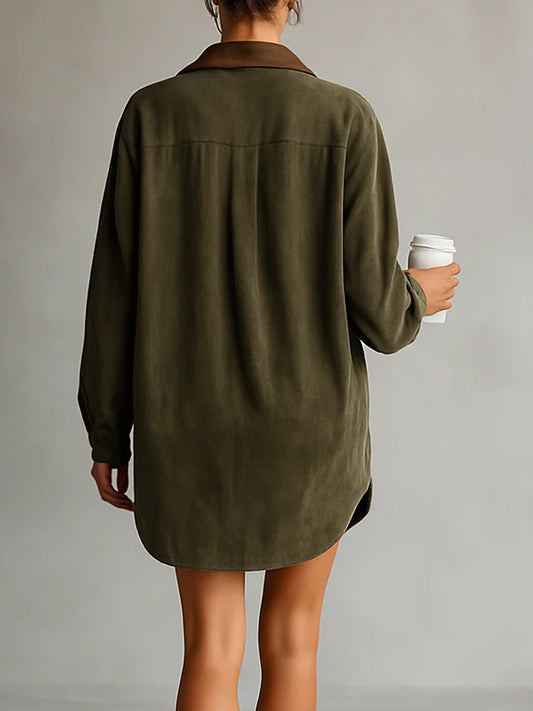 Daily Army Green Turndown Collar Lantern Sleeve Long Sleeve Pocket Casual Button Chamois Mini Dresses