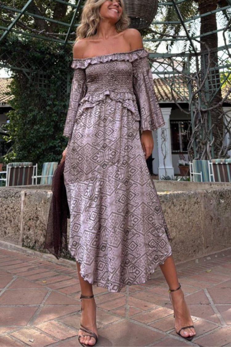 Carlie Printed Off Shoulder Smocked Ruffles Bell Sleeve Midi Dress