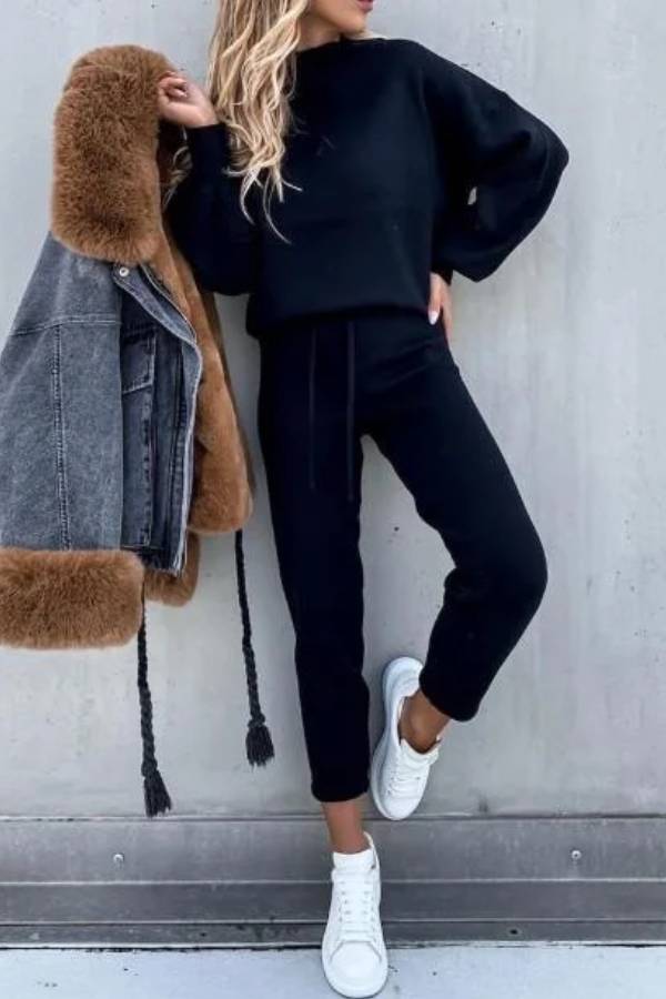 Casual Solid Color High Collar Pencil Pants Suits