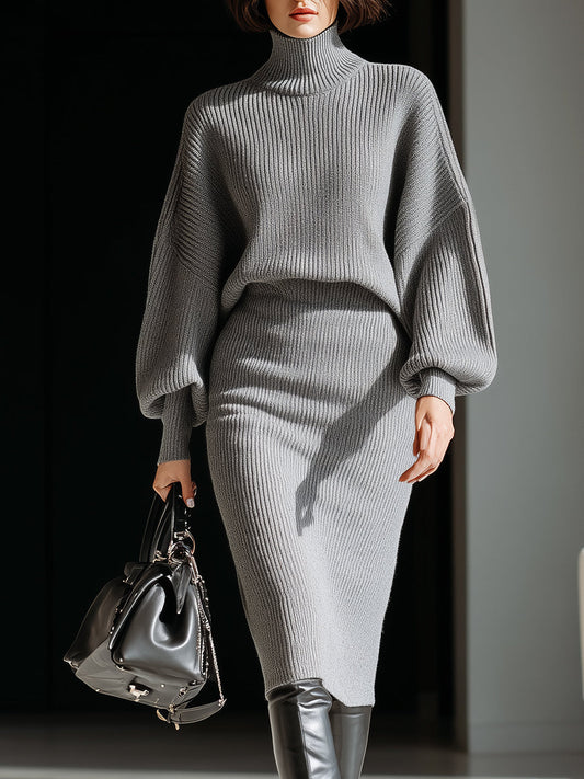 Gray Ribbed Turtleneck Batwing Sweater Dress
