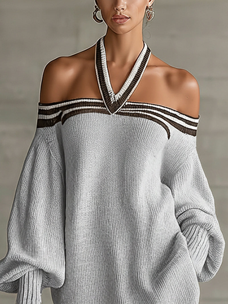 Gray Knit Off-Shoulder Halter Mini Sweater Dress