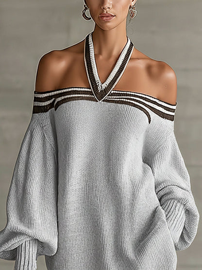 Gray Knit Off-Shoulder Halter Mini Sweater Dress