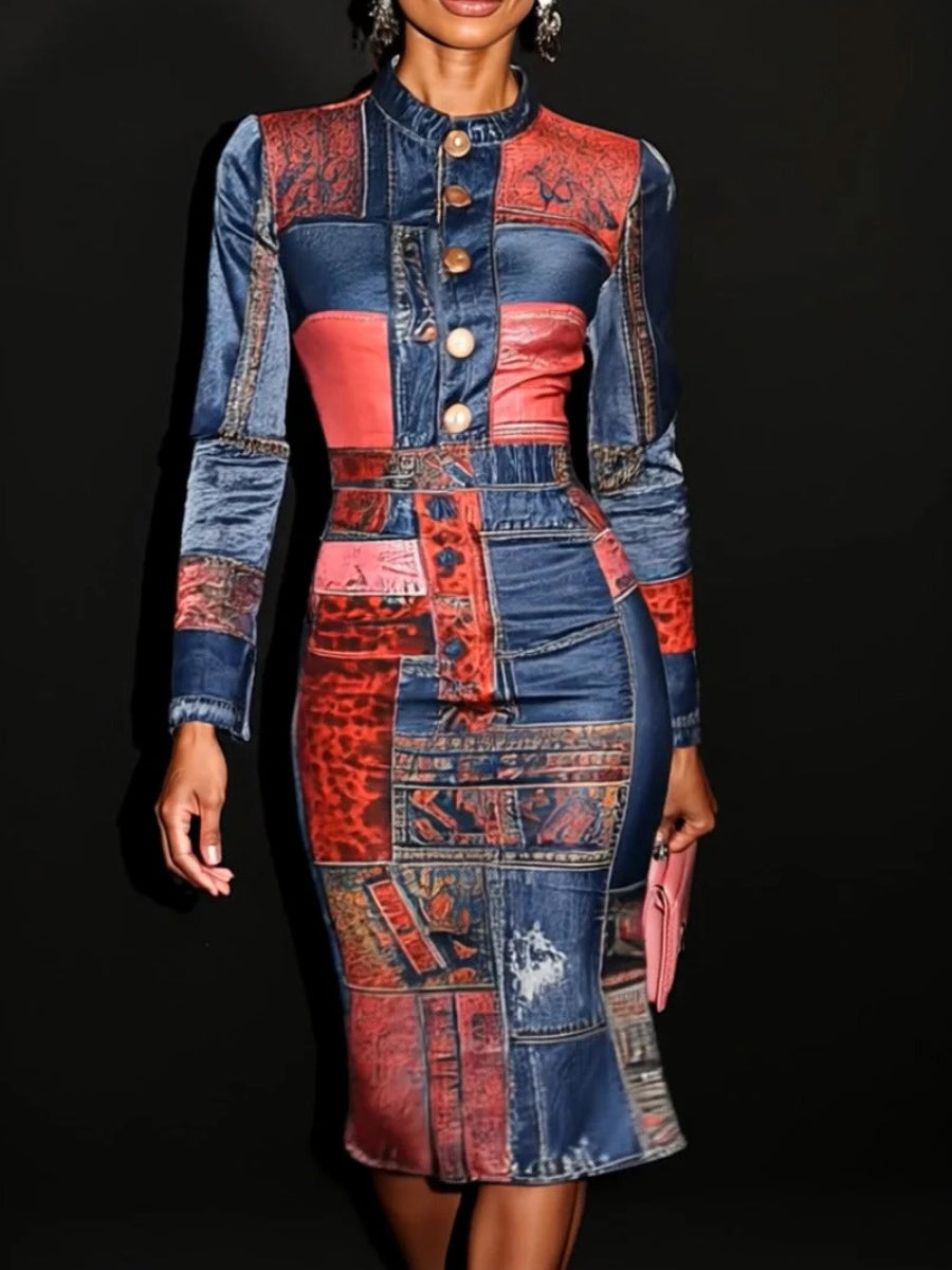 sheenchic Daily Blue Denim Print High Collar Long Sleeve Bodycon Casual Midi Dresses [Pre-Order]