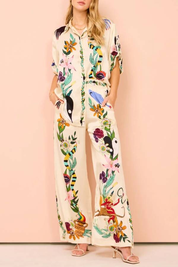 Modern Sophisticated Feel Satin Unique Print Button Down Oversized Blouse