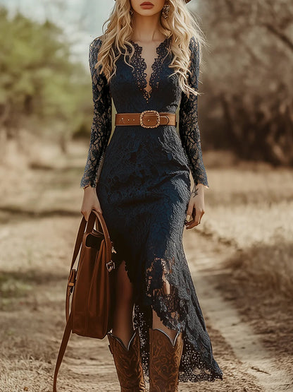 Western Lace Deep V Neck Long Sleeve Slit Midi Dress