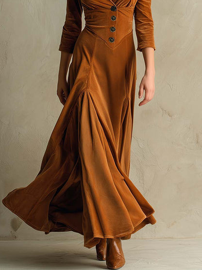 Daily Brown Turndown Collar Long Sleeve Button Casual Velvet Maxi Dresses