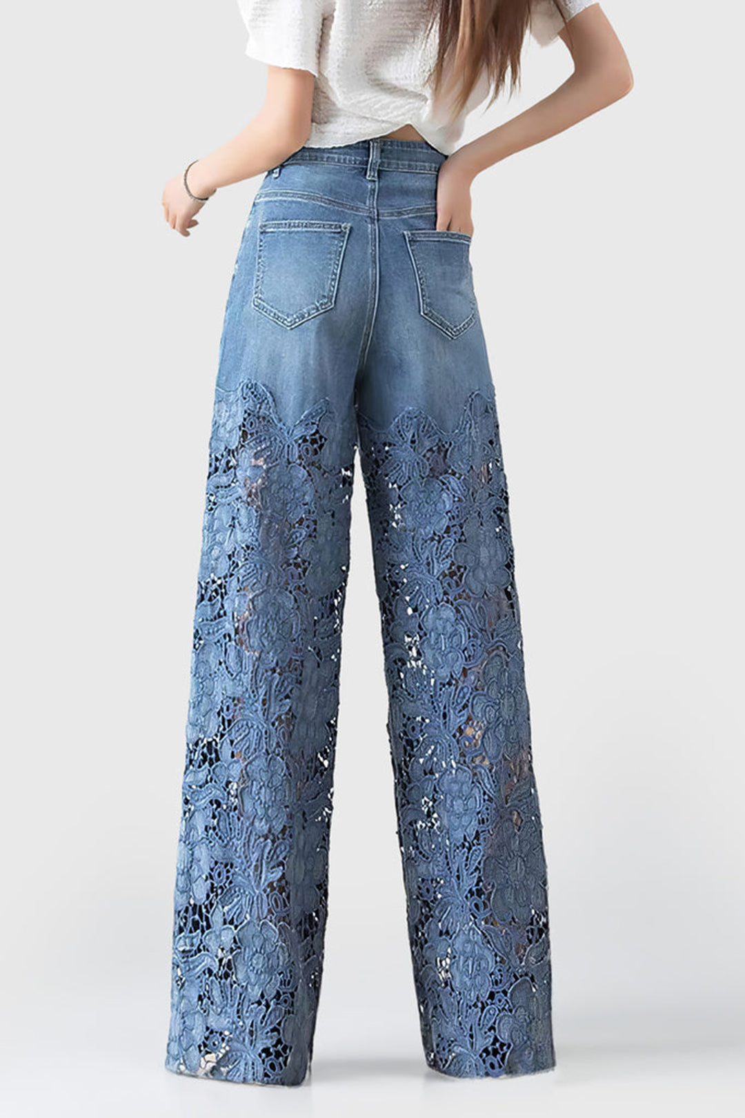 Lace Panel High Waisted Denim Pants