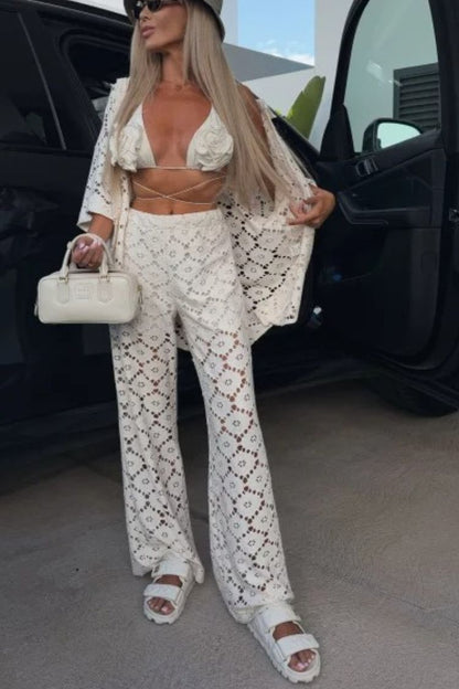 Holiday Crochet Flowers Lace Short Sleeve Shirt and Elastic Waist Wide Leg Pants Set