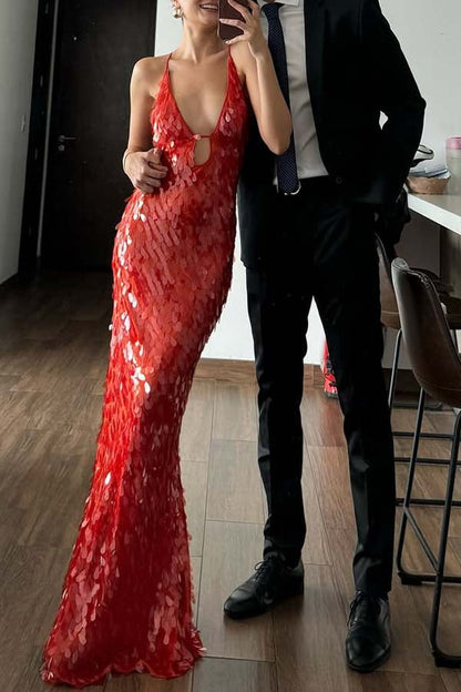 Reshape Beauty Fish Scale Sequin Cutout U-neck Slip Maxi Dress