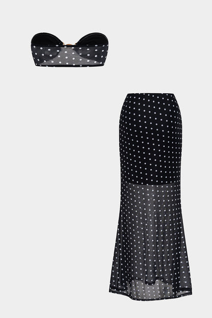Polka Dots Print Metallic Decor Tube Top And Cut Out Skirt Set
