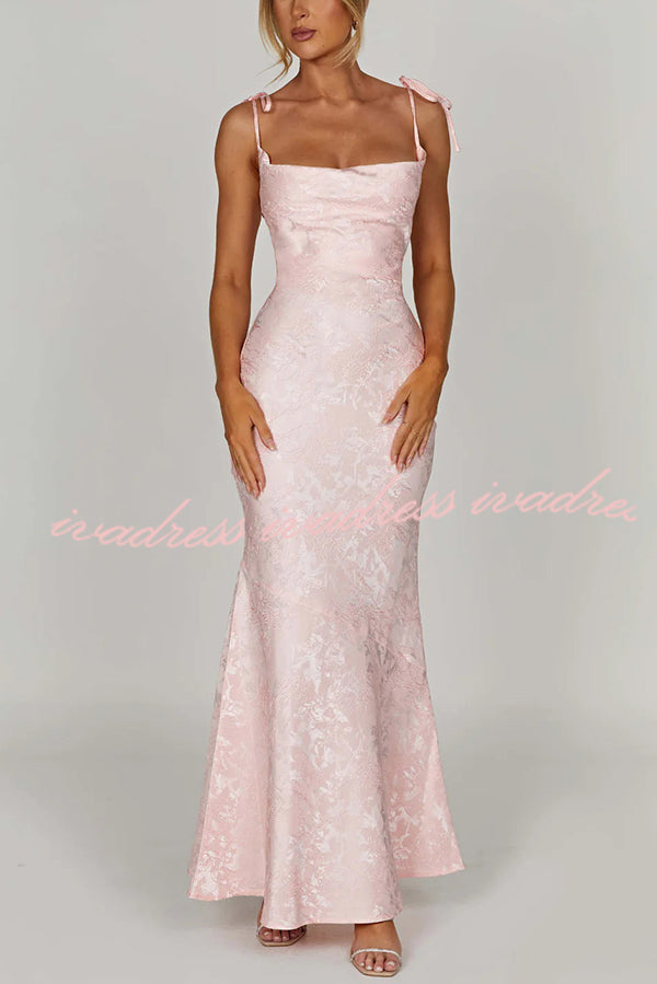 Jacquard Fabric Elegant Suspender Tie Slim Fishtail Maxi Dress
