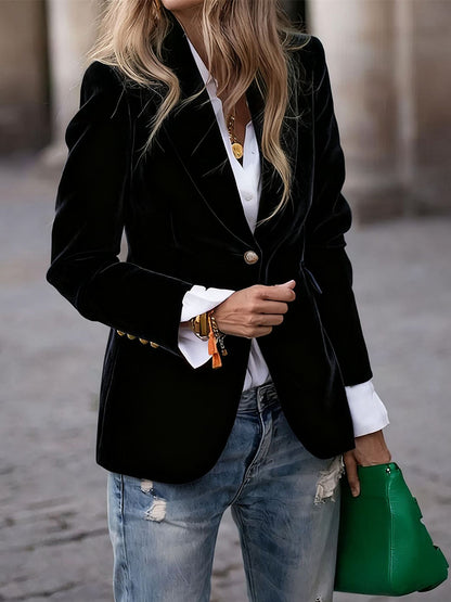 Elegant Red Velvet Lapel Collar One Button Long Sleeve Blazer