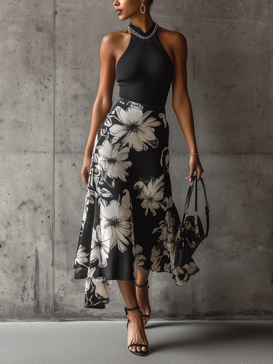 Halter-Neck Pleated Midi Dress With Floral Print And Asymmetric Hem
