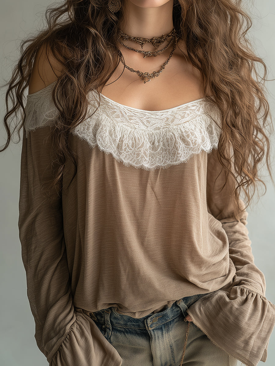 Vintage Off-the-shoulder Lace Long-sleeved T-shirt