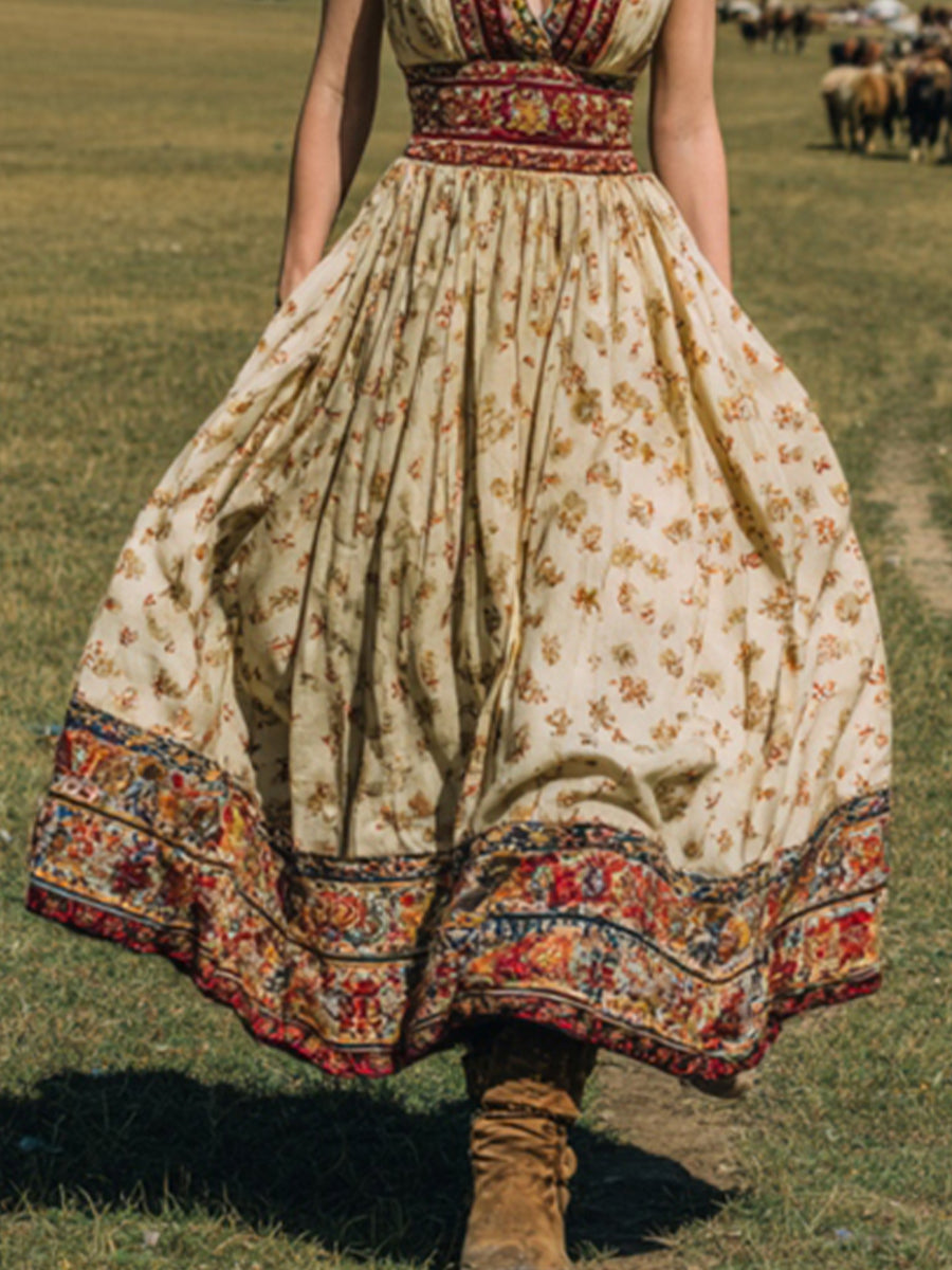 sheenchic Vacation Khaki All Over Print V Neck Pocket Western Maxi Dresses [Pre-Order]