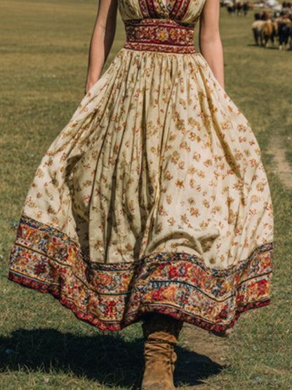 sheenchic Vacation Khaki All Over Print V Neck Pocket Western Maxi Dresses [Pre-Order]