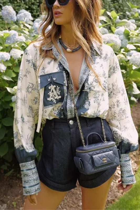 Bohemian Elegant Satin Contrast Color Unique Print Button Up Pocket Loose Blouse