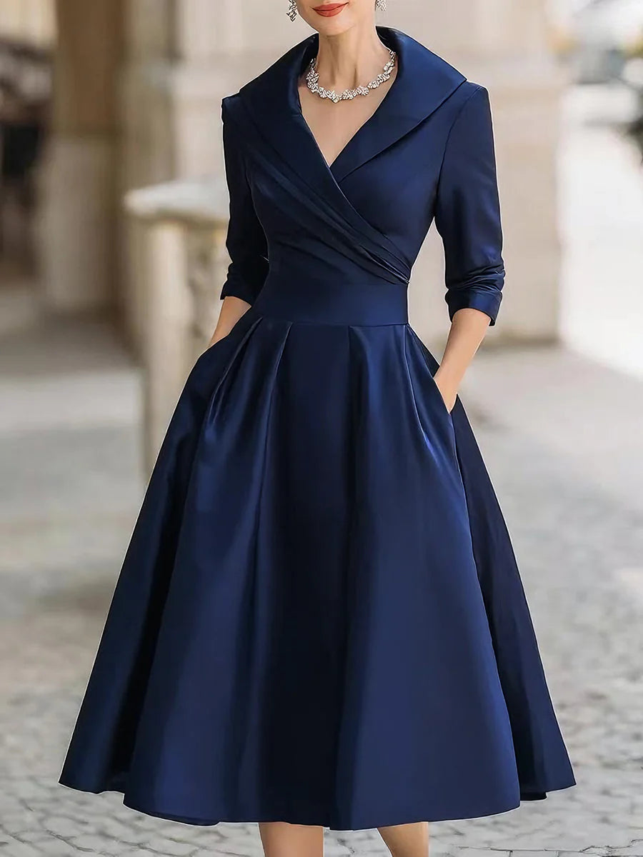 Business Casual Black Cascade Front Long Sleeve Ruffled Elegant Satin Midi Dresses