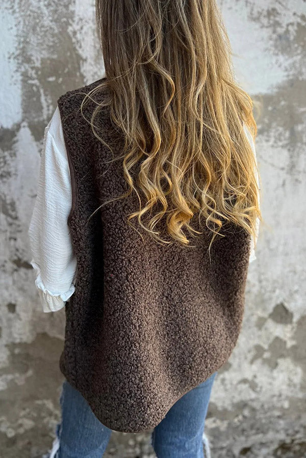 Chaleco polar sin mangas con botones y bolsillo con cuello en V en color liso 