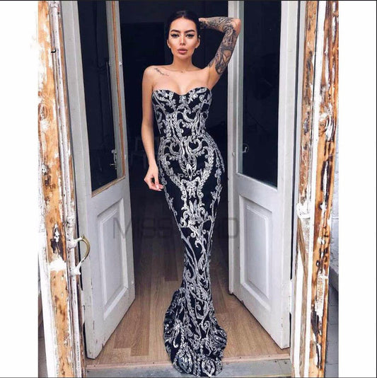 Bandeau One-Shoulder Vintage Sequined Mopping Evening Dress Elegant Evening Fishtail Dress Formal Gown