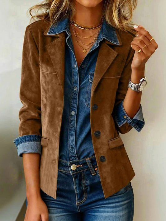 Daily Brown Turndown Collar Long Sleeve Pocket Vintage Button Chamois Blazer