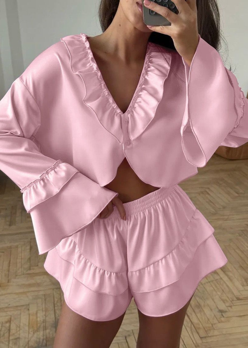 Ruffle Trim Long Sleeve Top and Shorts Set