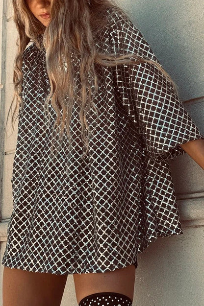 All about Glam Collar Sequin V-neck Half Sleeve Loose Top