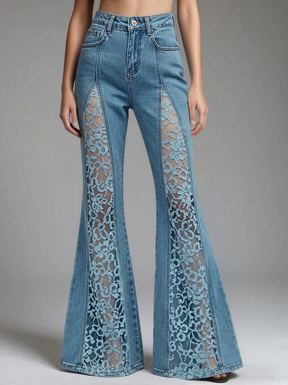 sheenchic Daily Lace Blue See Through Boho Contrast Denim Jeans [Pre-Order]