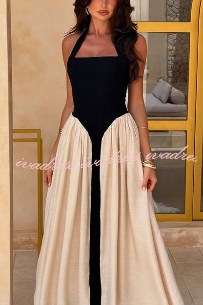 Fashion Contrast Color Stitching Sleeveless Backless Slim Maxi Dress