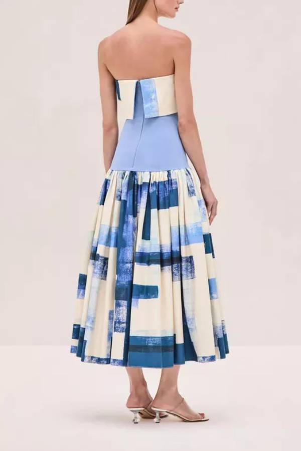 Robia Unique Print Ribbed Elastic Waist Pocketed Strapless Midi Dress