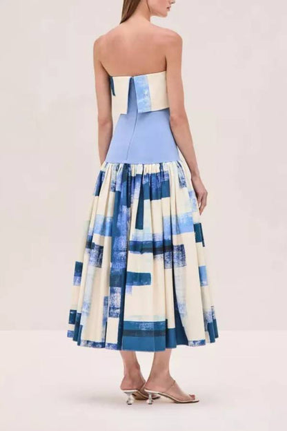 Robia Unique Print Ribbed Elastic Waist Pocketed Strapless Midi Dress