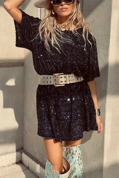 Night Moves Sequin Fabric Short Sleeve Backless H-line Mini Dress