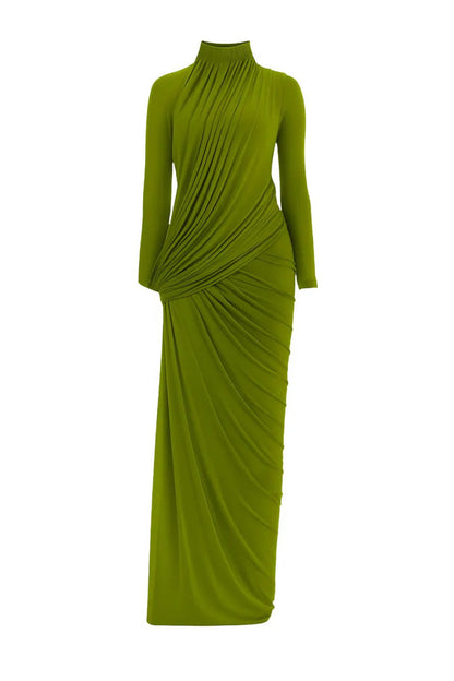 Sculptural Matcha Draped Maxi Dress