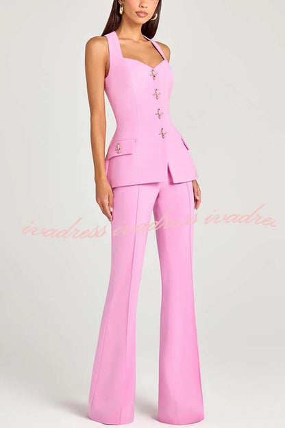 Women Power Metal Cross Snap Button Sweetheart Neck Wide Strap Vest