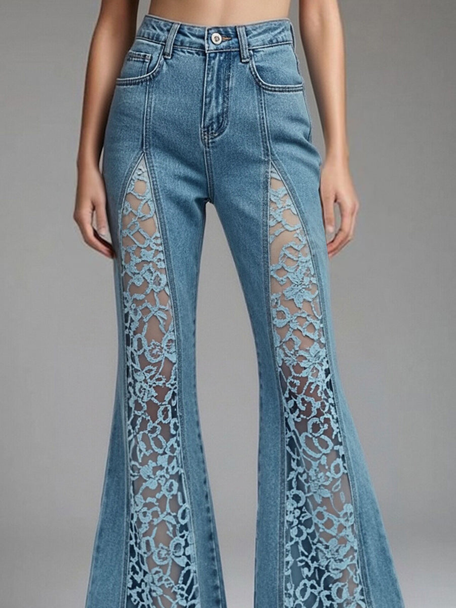 sheenchic Daily Lace Blue See Through Boho Contrast Denim Jeans [Pre-Order]
