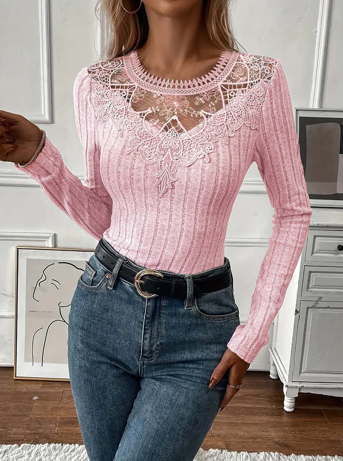 Valentines Grey Round Neck Long Sleeve Cut Out Casual Contrast Lace Blouses