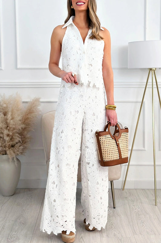 Delighted Embroidery Floral Hollow Lace Shirt-neck Vest and Wide Leg Pants Set