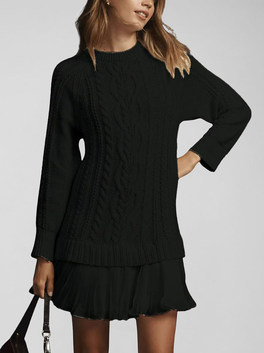 Daily Chiffon Beige Round Neck Long Sleeve Contrast Casual Knitted Mini Dresses