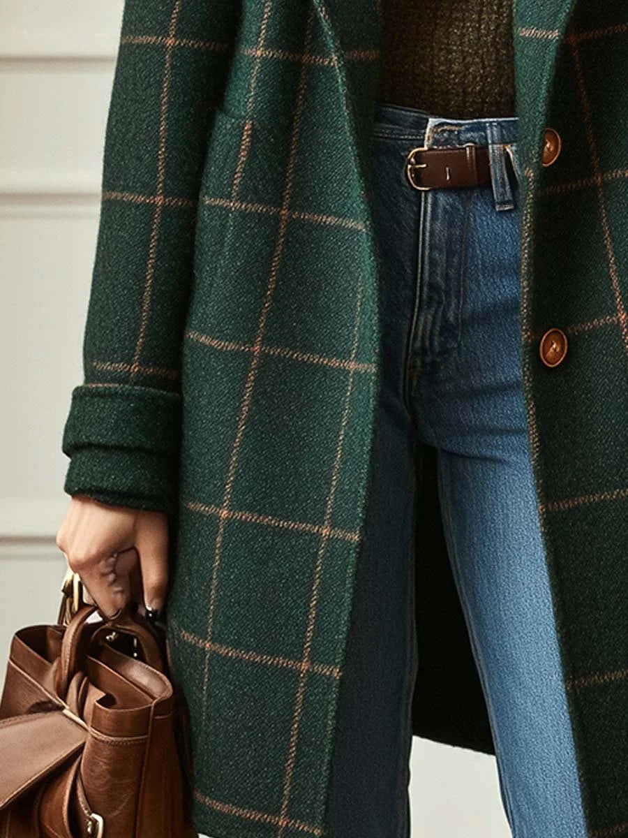 Daily Green Plaid Turndown Collar Long Sleeve Pocket Casual Coat
