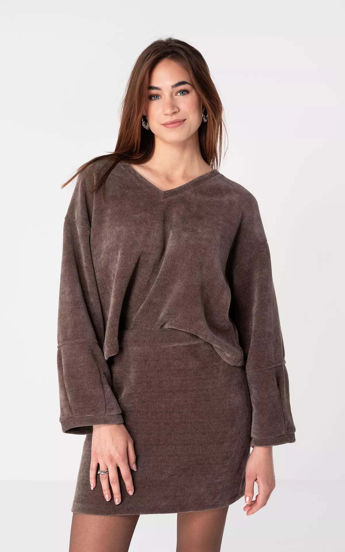 Nocturne Knit Mini Dress Set | V-Neck Sweater & Skirt | Soft Blended Yarn