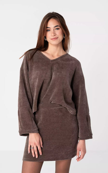 Nocturne Knit Mini Dress Set | V-Neck Sweater & Skirt | Soft Blended Yarn