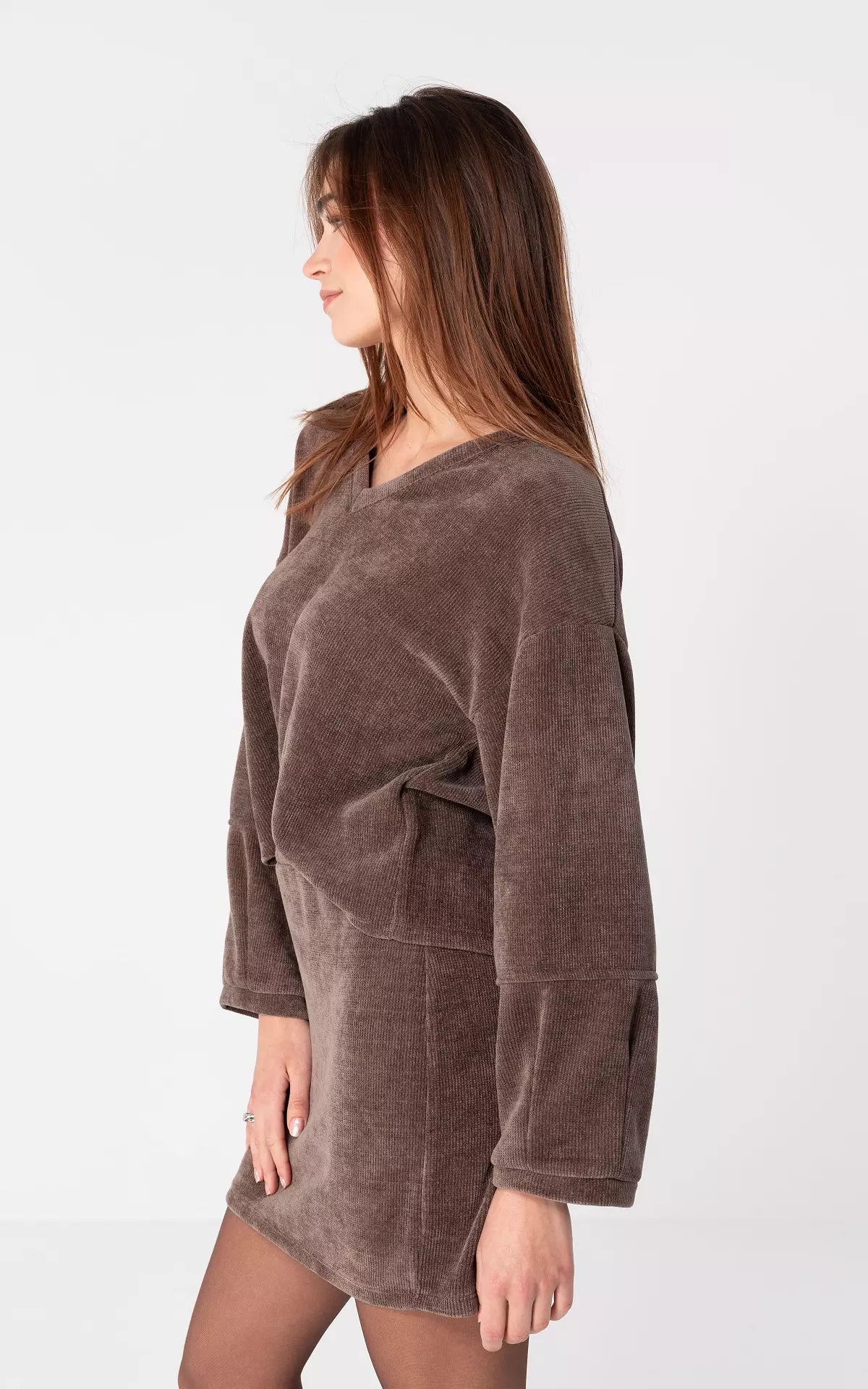 Nocturne Knit Mini Dress Set | V-Neck Sweater & Skirt | Soft Blended Yarn