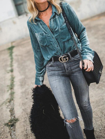 Casual Turndown Collar Pocket Button Long Sleeve Blouse